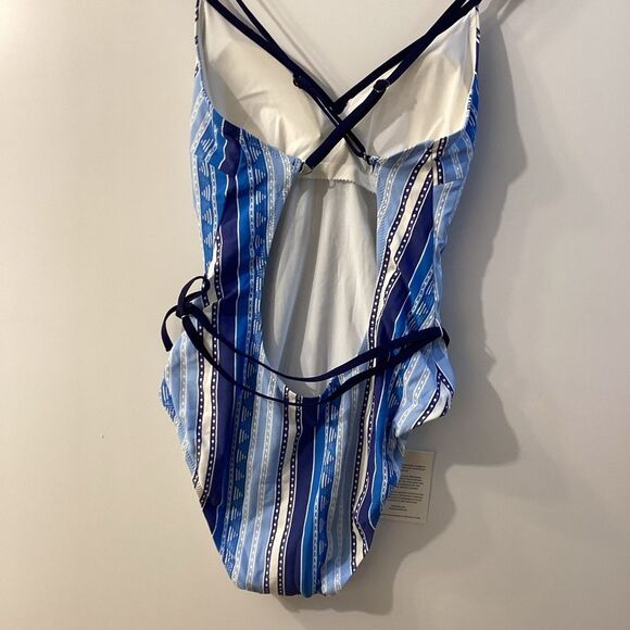 Lemlem Eshal Wrap Effect Stretch Jacquard Swimsuit Blue Striped Swimsuit - Picture 5 of 15